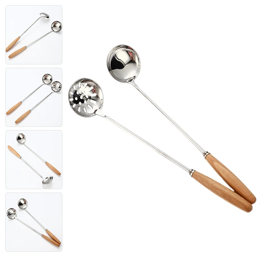 

2Pcs Stainless Steel Soup Spoon Oil Filter Long Handle Cooking Ladle Kitchen Accessory Hot Pot Scoop Non-Stick
