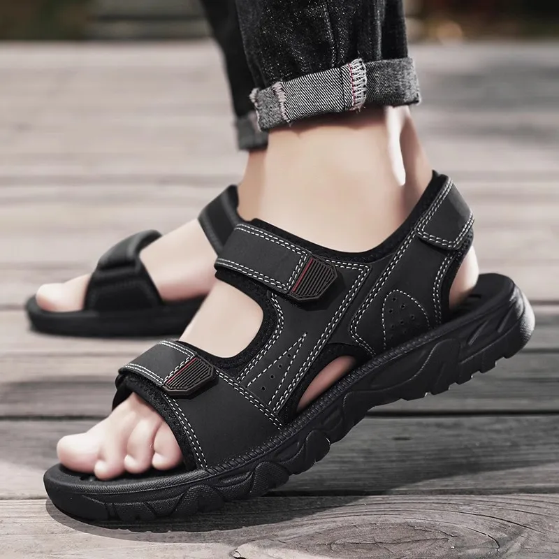 

Men's Summer Breathable Casual Sandals Anti-Slip Deodorant Beach Shoes Ultra-Leather Surface Magic Tape Closure Flat Heel