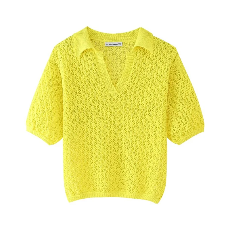 Women Fashion Green Knitted Hollow Out Shirts Vintage Lapel Collar Short Sleeves Female Chic Lady Tops