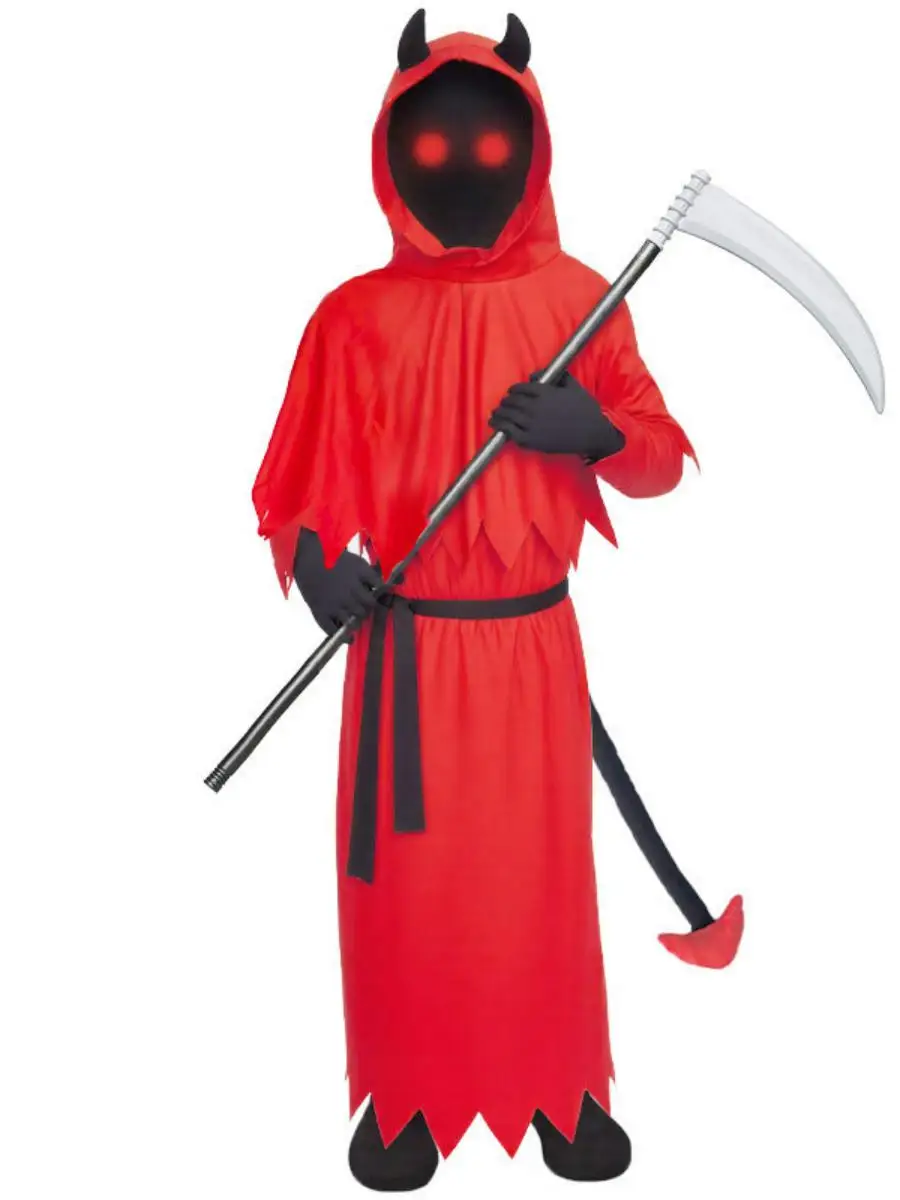 

Детский костюм на Хэллоуин, красный террор, рога дьявола, коса смерти, светящийся комплект глаз, ужасный наряд демона для детей, полиэстер
