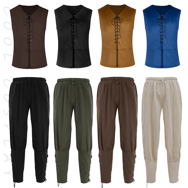 Vintage Men's Pirate Cosplay Costume Medieval Victorian Lace Up Long Sleeve Shirts Vest Pants Vintage Steampunk Carnival Suits