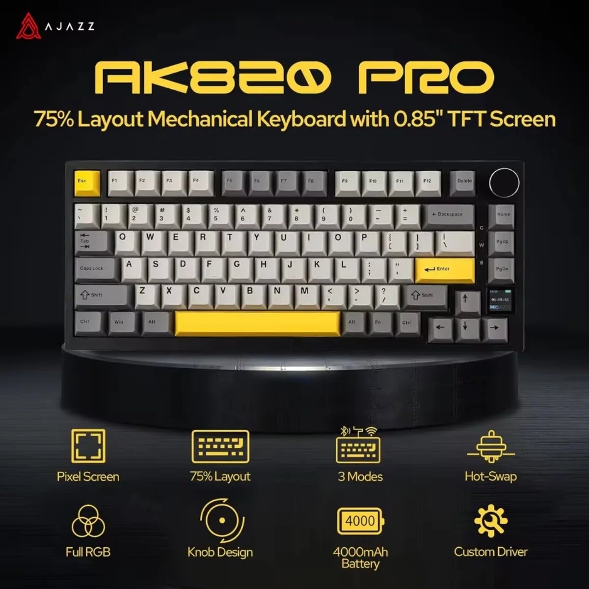 

Ajazz AK820Pro Gaming Keyboard Bluetooth/Wireless/C-Wired Customized Keyboard with Knob Hot Swapping Gasket Game Accessories