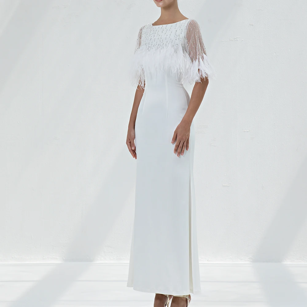 Fashion Crystal Feathers Jersey Evening Dress Delicate Floor Length Side Slit Short Sleeves Crew neck فساتين سهره نسائيه فخمة