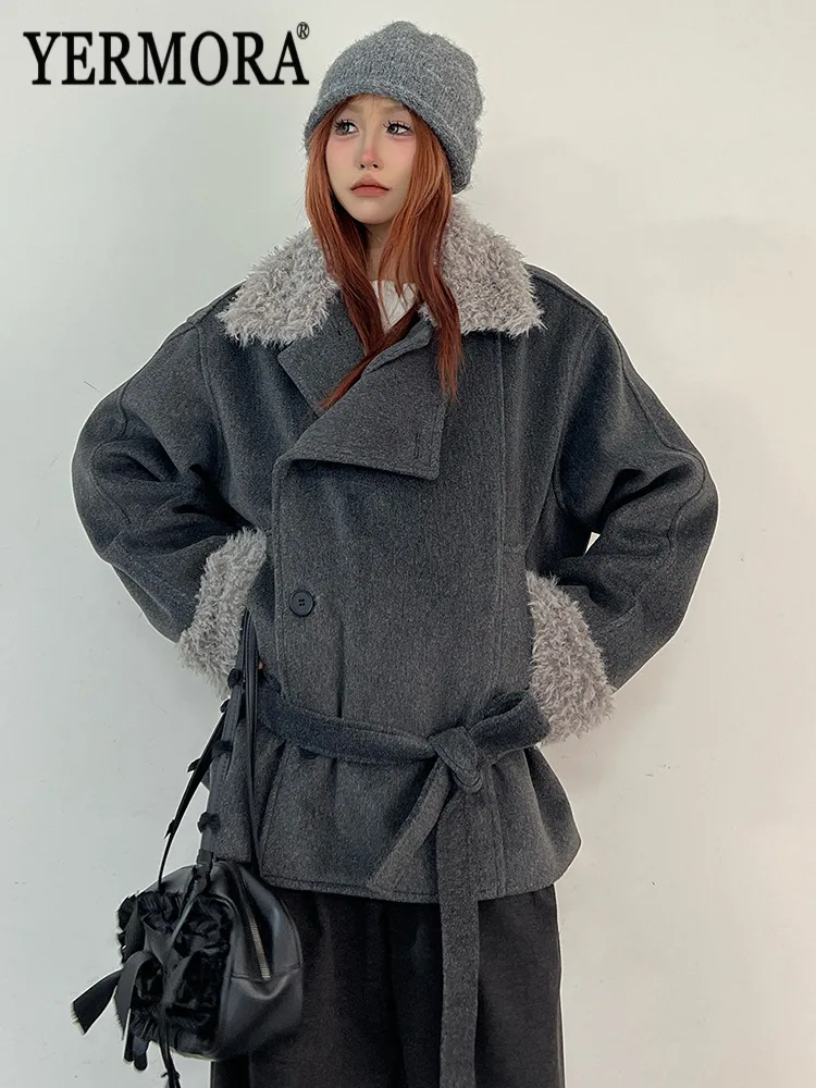 

YERMORA Gray Asymmetric Buckle Belt Woolen Coat For Women Lapel Long Sleeve Loose New Coat Fashion Tide Autumn Winter 2025