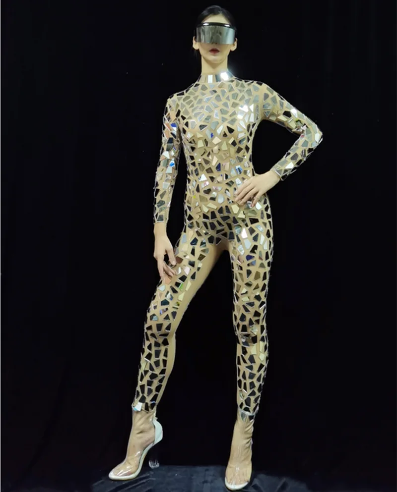 Mirrors Costumes Silver Sequins JumpsuitBright Evening Outfit Nightclub Bar DragQueen Costumes Stage Skinny Rompers