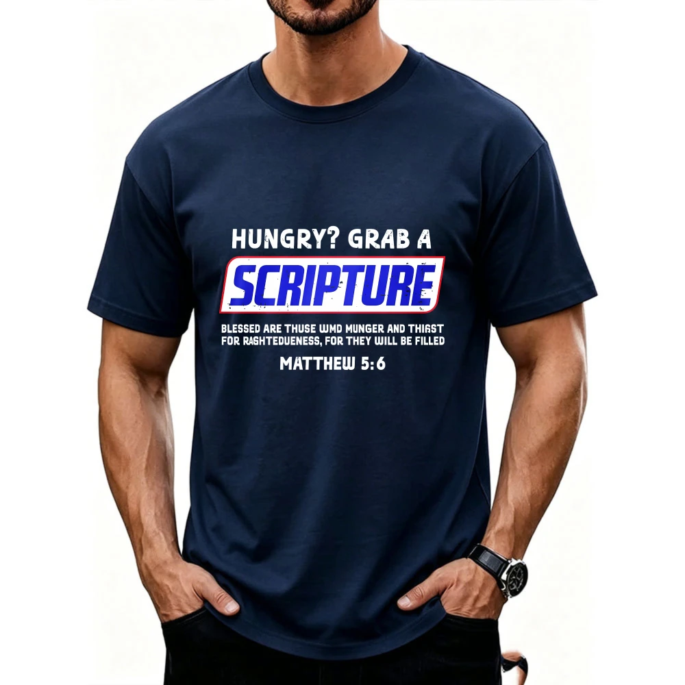 Retro Hungry Grab A Scripture Matthew 5:6 Print Tshirt Christian Beatitudes Graphic Short Sleeve Casual Church Daily Wear Tee