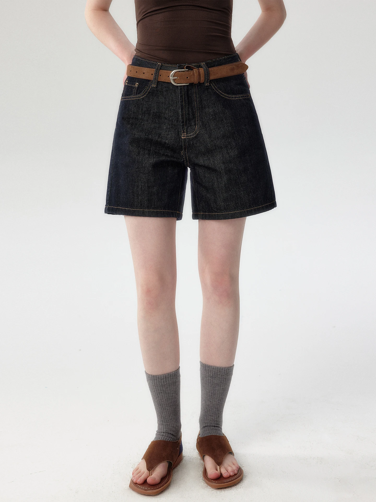 High Waist Cotton Denim Shorts Women's Summer American Style Five-Point Straight Leg Breathable Comfortable Pure Color Shorts
