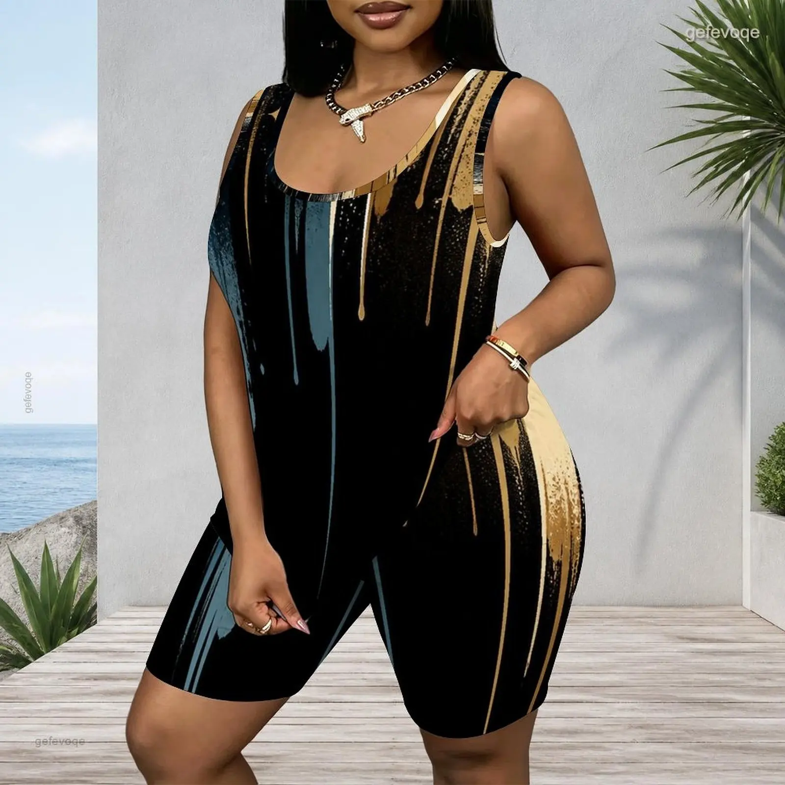 Women Scoop Neck Sleeveless Tank Top Fitted Shorts Two Piece Printed Shorts Set