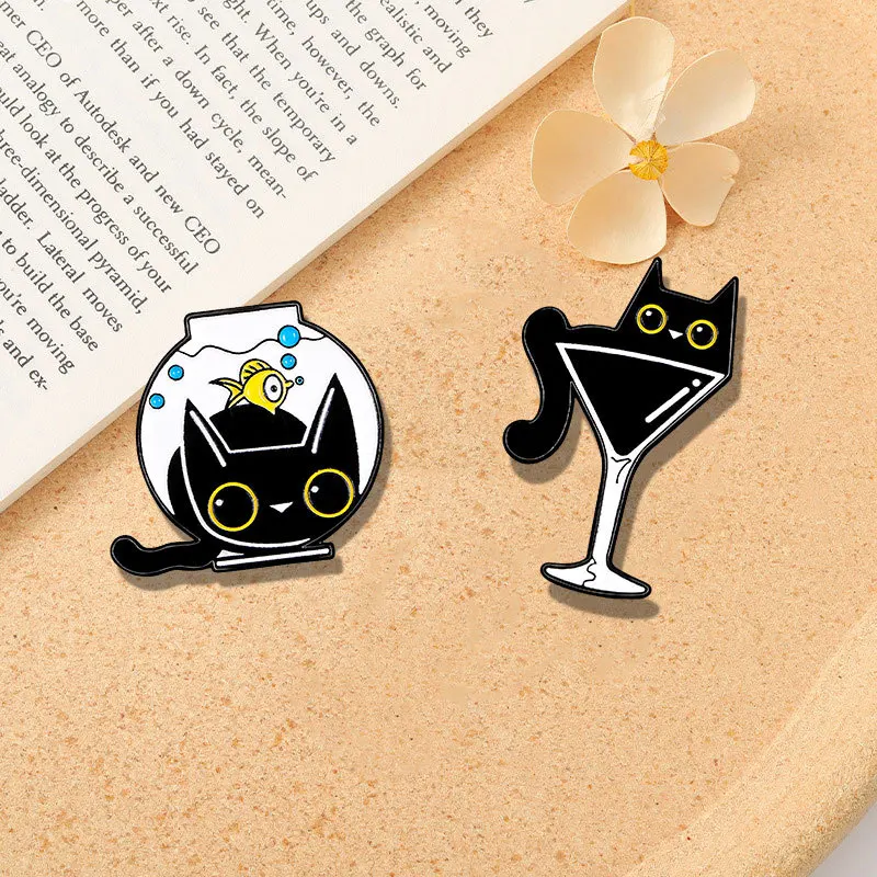 Cartoon funny little black cat brooch badge for Women Men cute little cat in fish tank, cup cat, black cat badge