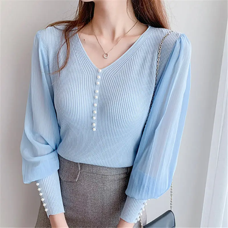 

Fashion V-Neck Gauze Spliced Knitted Beading Blouses Women Clothing 2023 Autumn Winter Loose Casual Tops Puff Sleeve Shirts