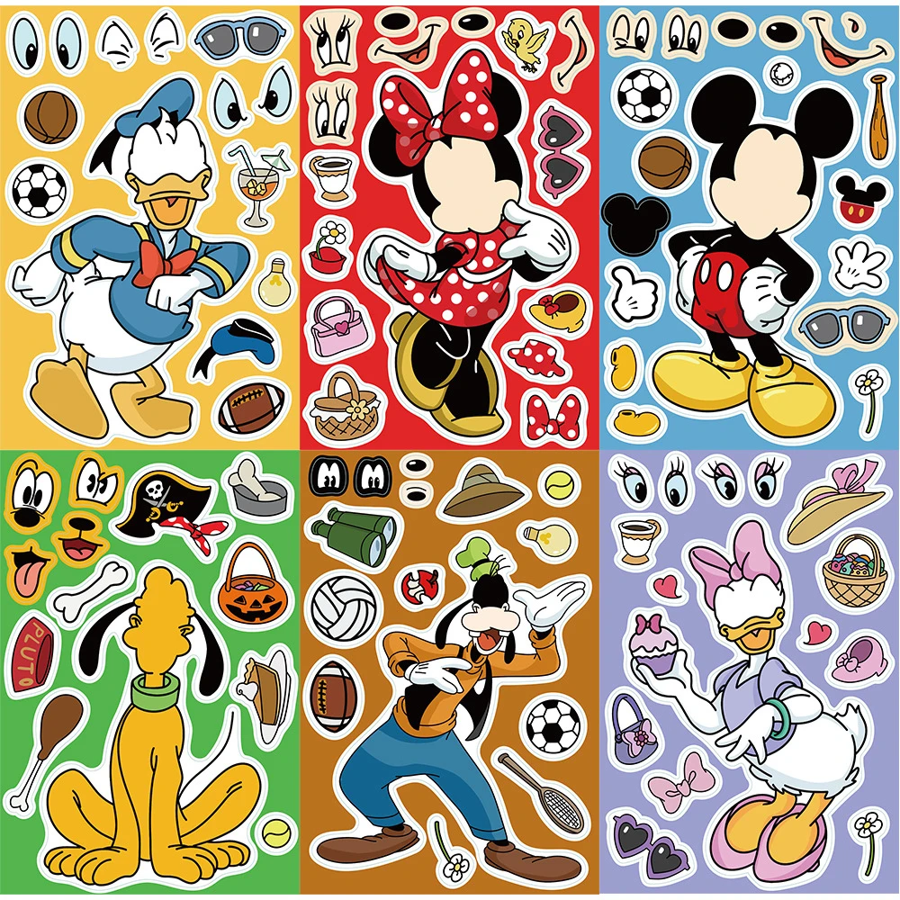 8/16Sheets Disney Mickey Mouse Children DIY Make a Face Puzzle Stickers Game Assemble Jigsaw Kids Education Toy Party Decoration