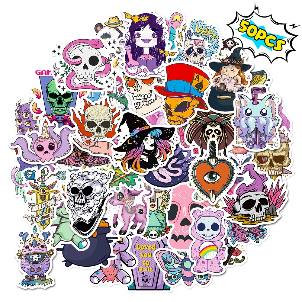 

10/30/50pcs Gothic Skull Horror Stickers Cute Witch Aesthetics Sticker Laptop Skateboard Notebook Phone Stationery Kid Toy Decal