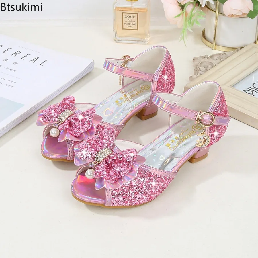 Children Princess Sandals Summer New Girls Wedding Shoes High Heels Dress Shoes Solid Color Fashionable Bow Tie Girls' Shoes