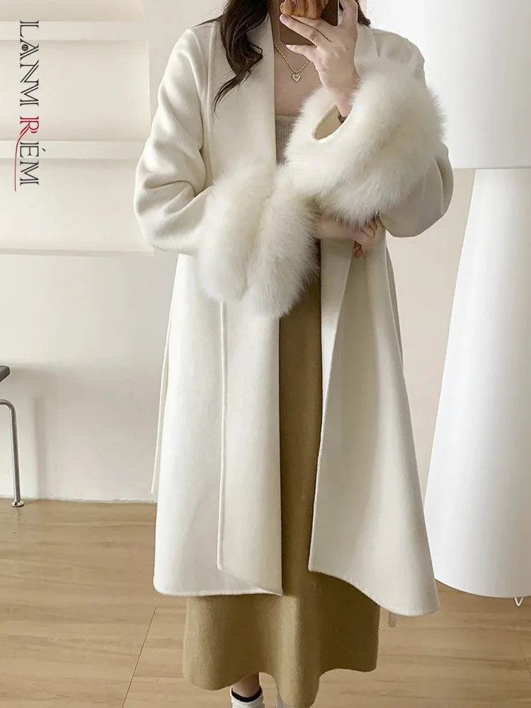 LANMREM Double Sided Woolen Coat For Women Lapel Solid Color Fox Fur Stitching Sleeves Luxury Belt Coats 2024 Winter New 2Z2635