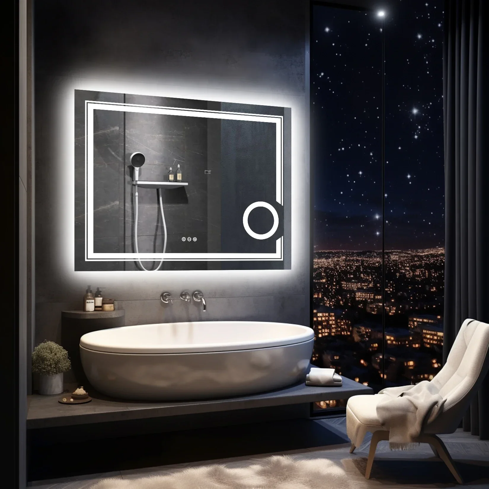 z LED-beleuchteter intelligenter Badezimmerspiegel, 3-fach beleuchtete Lupe, Wandmontage, weißes Licht, vordere Hintergrundbeleuchtung, dimmbar, beschlagfrei