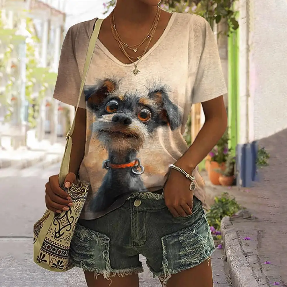 Summer Women\'s T Shirt Dog Print Casual Short Sleeve 3d T Shirts Fashion Streetwear V Neck Pullover Oversized Female Clothing