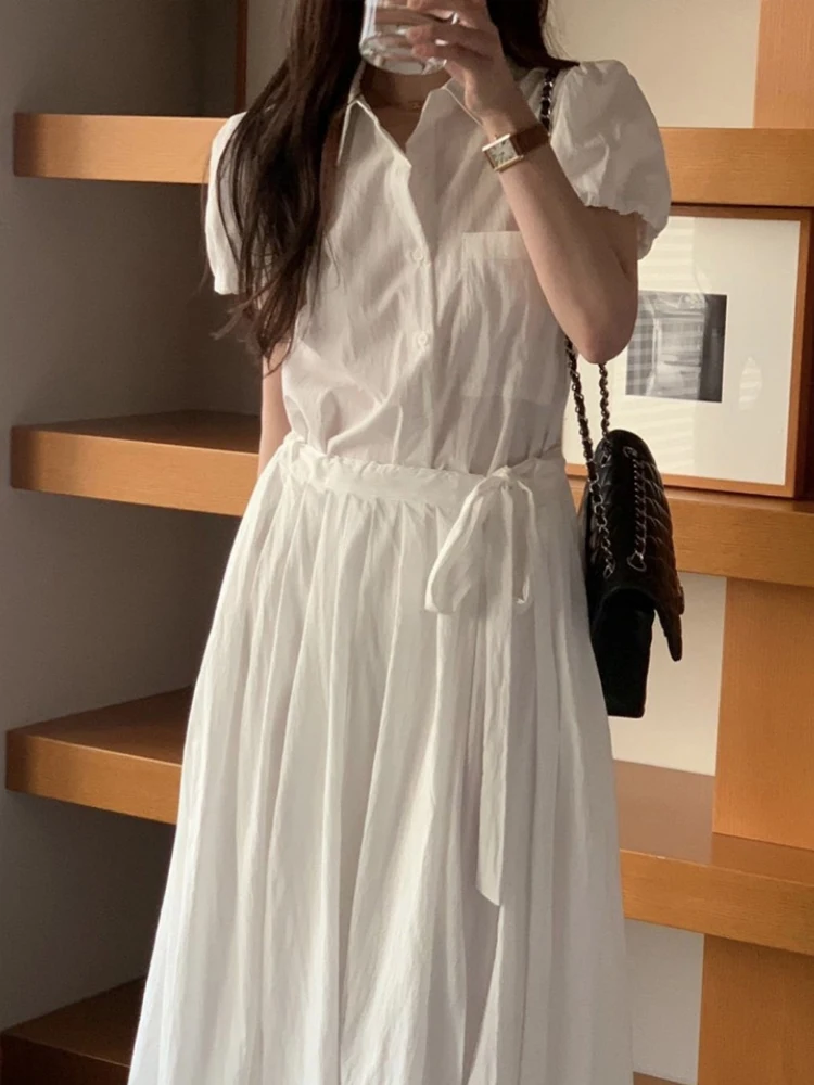 Vestido csa branco f verão saia longa personalidade dupla camada design psado cintura bolha manga a linha saia e...