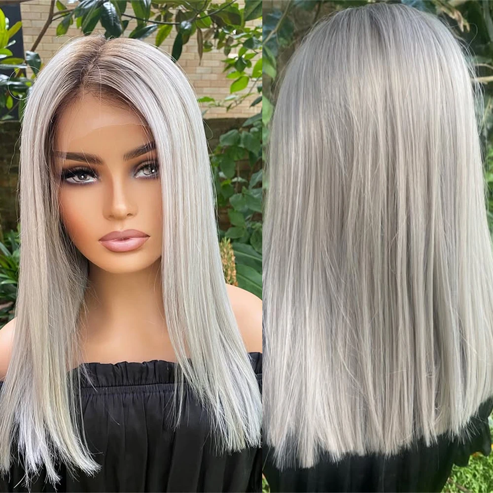 Aschblonde, glatte Bob-Perücke aus Kunsthaar mit Highlights, 13x4 HD Lace Front Perücke, unsichtbare Schweizer Spitzenperücke, sofort tragbar.