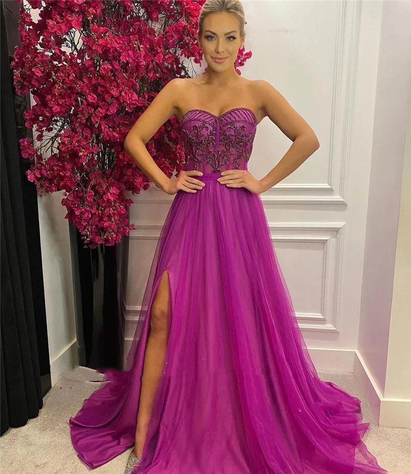 

MANRAY Tulle Long Evening Dresses Sweetheart Beads Applique Slit Vestidos De Fiesta Elegant Women Prom Dress Formal Party Gowns