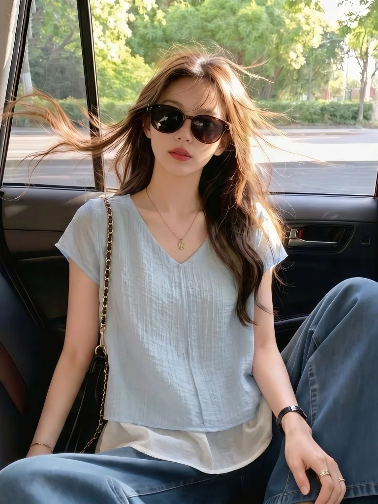 Green V-Neck Short Sleeve Shirt Women's Summer New Large Size Fat MM Anti-Aging Small Shirt Fake Two-Piece Top Commute Style ...