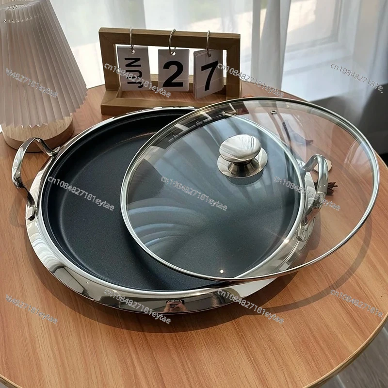 316 Stainless Steel 18/10 Double Ear Skillet With Glass Lid Non Stick Frying Pan 30cm