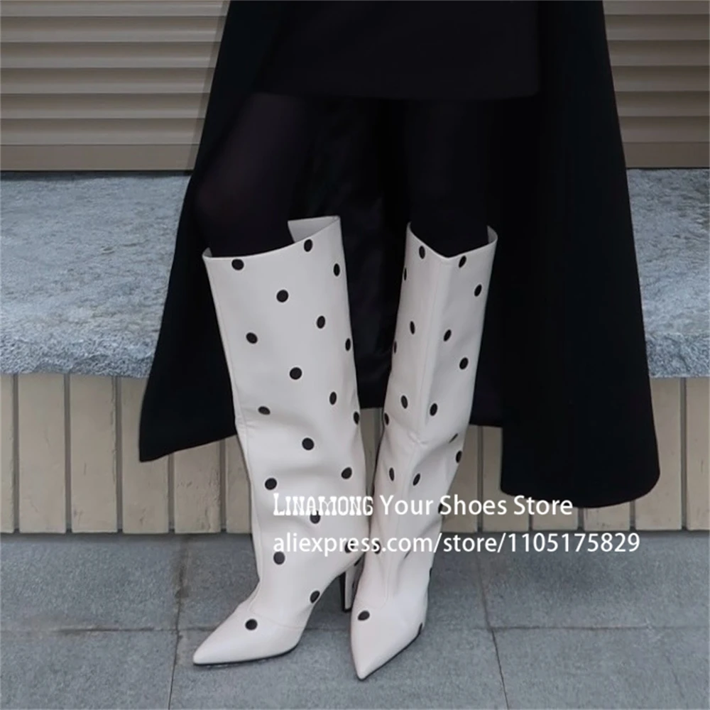 

Black White Polka Dot Knee Boots Concise Designer Style Slip-On Boots Beige PU Leather Handmade Boots Pointed Toe Stiletto Boots
