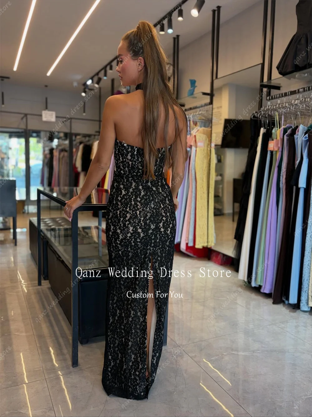 فساتين سهرة أنيقة من الدانتيل الأسود من Qanz حورية البحر بدون حمالات فستان حفلات الزفاف ببطانة عارية رداء De Soirée مخصص