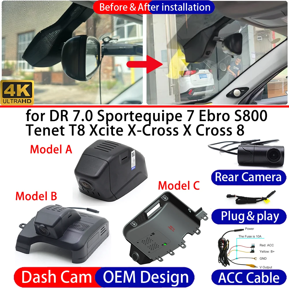 Dash Cam for DR 7.0 Sportequipe 7 Ebro S800 Tenet T8 Xcite X-Cross X Cross 8 Front＆Rear 4K DVR Dashboard Camera Video Recorder