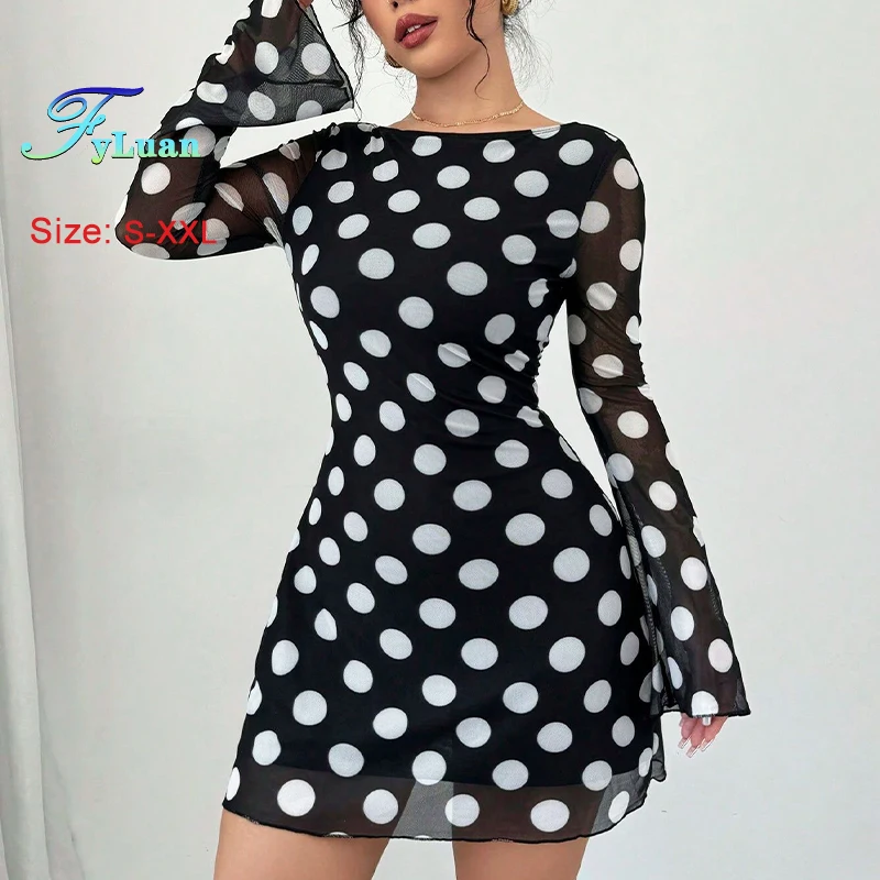 2025 Nuovo vestito da donna Sexy Sheer Mesh Round Dot Manica svasata Mini abito femminile Backless Manica lunga Nightclub Party Abito corto