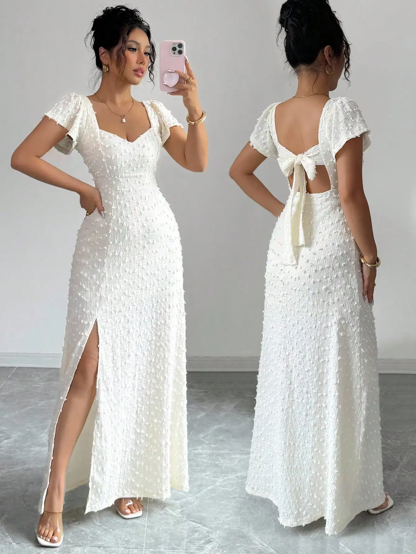 

White Textured Backless Bowknot Maxi Dress with Puff Sleeves and High Slit