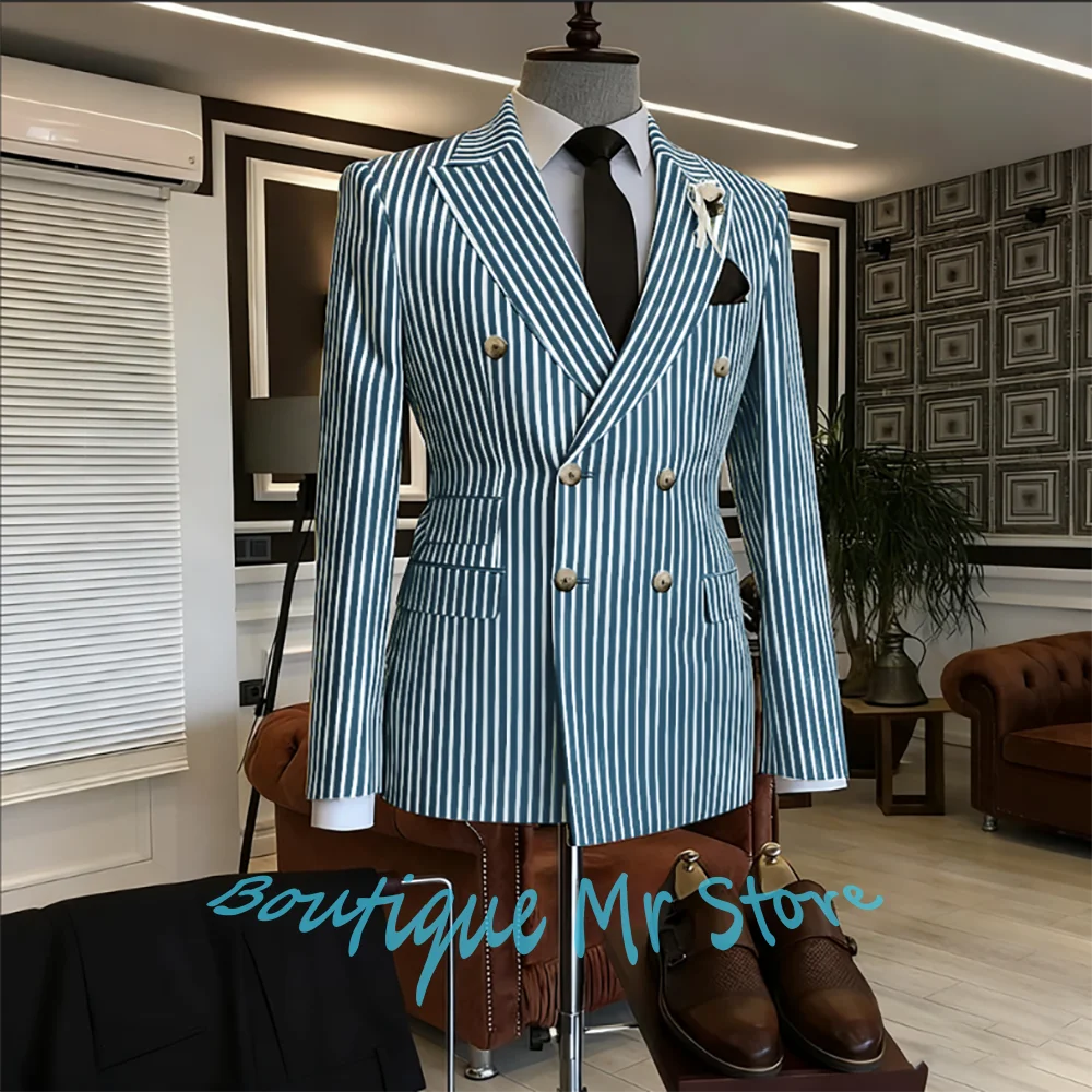 

High-End Men's Blue & White Striped Double-Breasted Suits Elegant 2Piece(Jacket+Pants) Set Formal Business Gentlemen's Costume