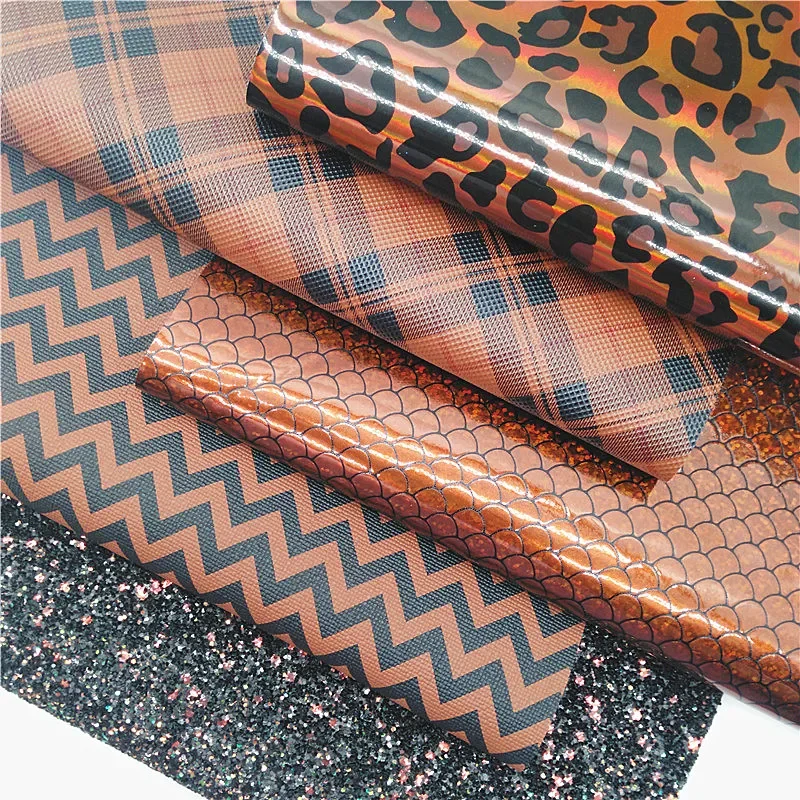 Black Brown Mixed Glitter Leather Sheets Iridescent Leopard Faux Leather Tartans Arrow Printed Faux Leather for DIY 21x29CM Y138