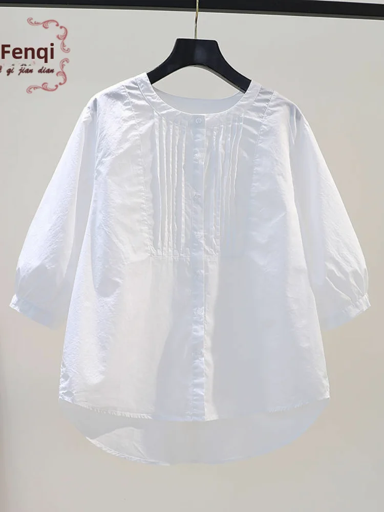 ホワイトカジュアルシャツ女性の夏の新しいデザインピュアカラーラウンドネック7分袖多用途トップスポケットハンカチ付き