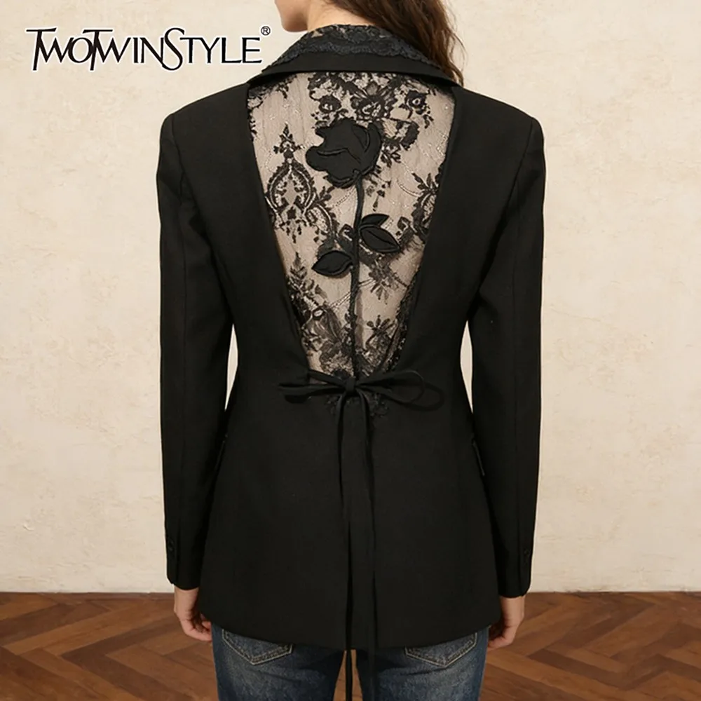 

TWOTWINSTYLE Solid Spliced Hollow Out Jacket Female Lapel Long Sleeve Loose Elegant Temperament Women's Jackets Autumn Fashion