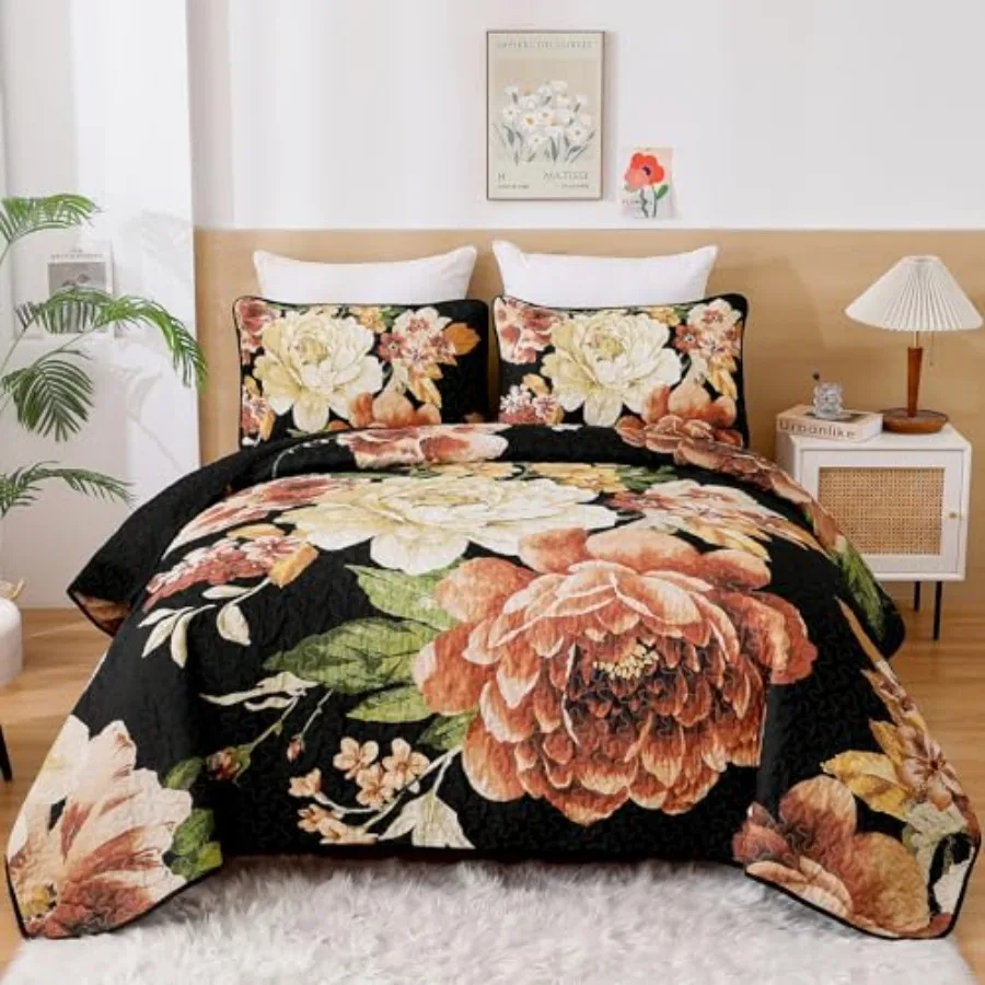 Black Boho Floral Quilt Set Queen Elegant Gold Flower Bedspread Coverlet Set for All Season 3 Pieces Farmhouse Lightweight Reve