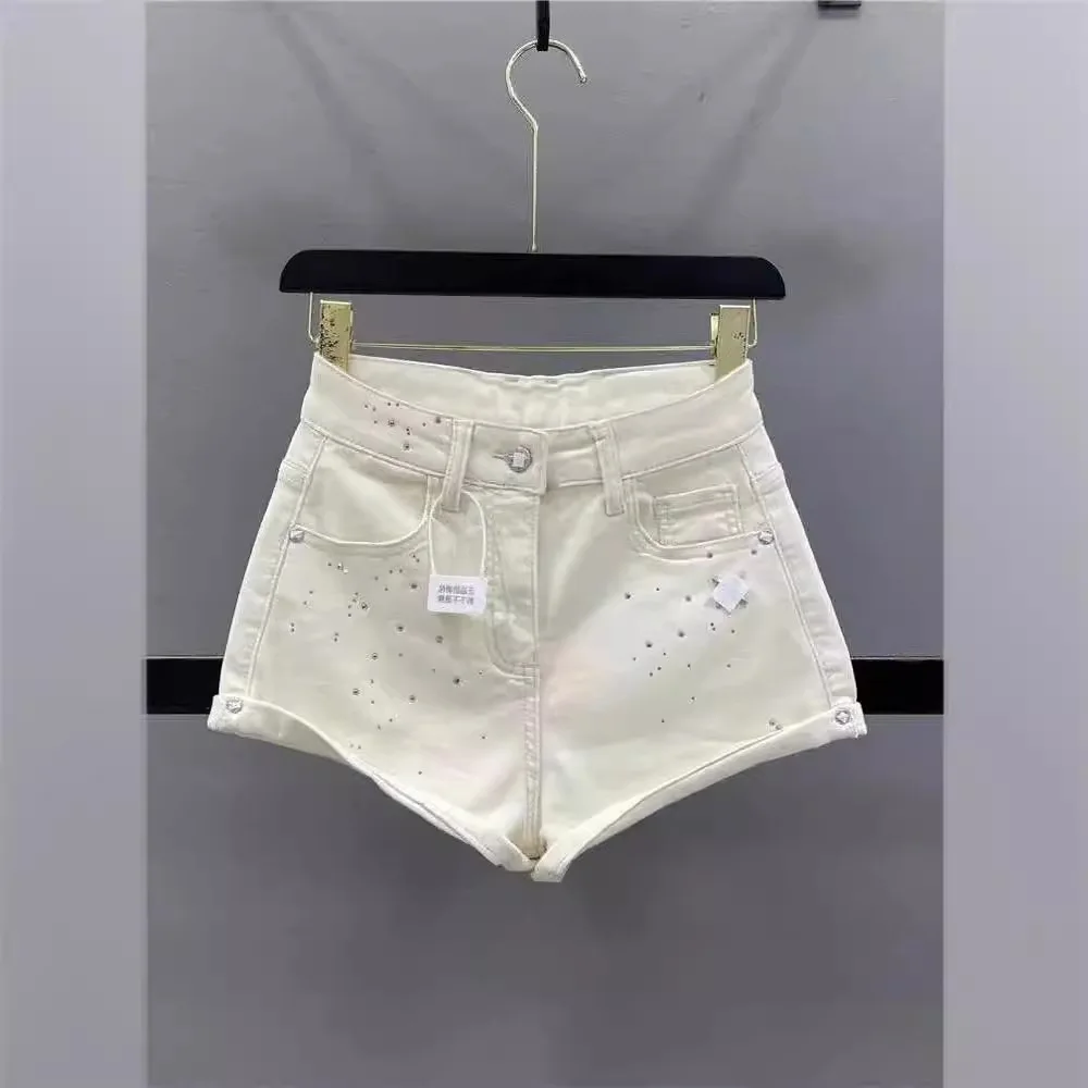 Hot Diamonds Denim Shorts Women's 2024 Summer Elastic Curly Edges Wide Legs Hot Pants