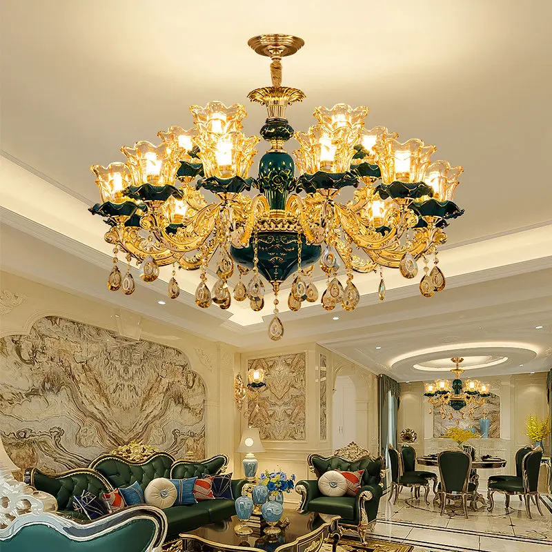 European-Style Living Room Main Chandelier Design Luxurious Vintage Green Crystal Chandelier Grand Dining Room Bedroom Lights