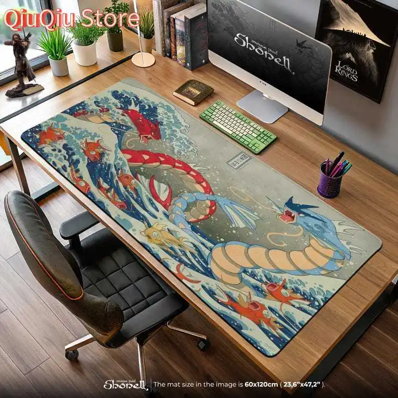 Gyarados Ukiyo-e Mouse Pad – Japanese Wave Style Pokémon Desk Mat with Magikarp Battle Scene, Anime Gift Decor