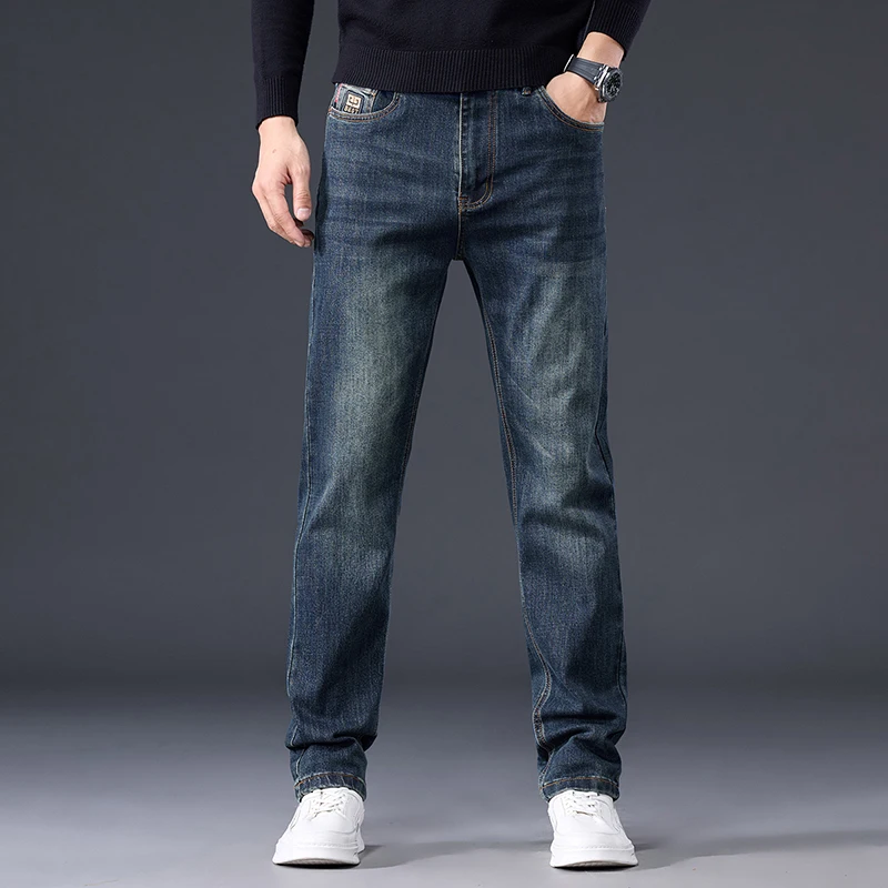 

Осень/зима 2022, новые хлопковые эластичные джинсы для мужчин, эластичные прямые мужские длинные брюки, синие джинсовые брюки в стиле ретро