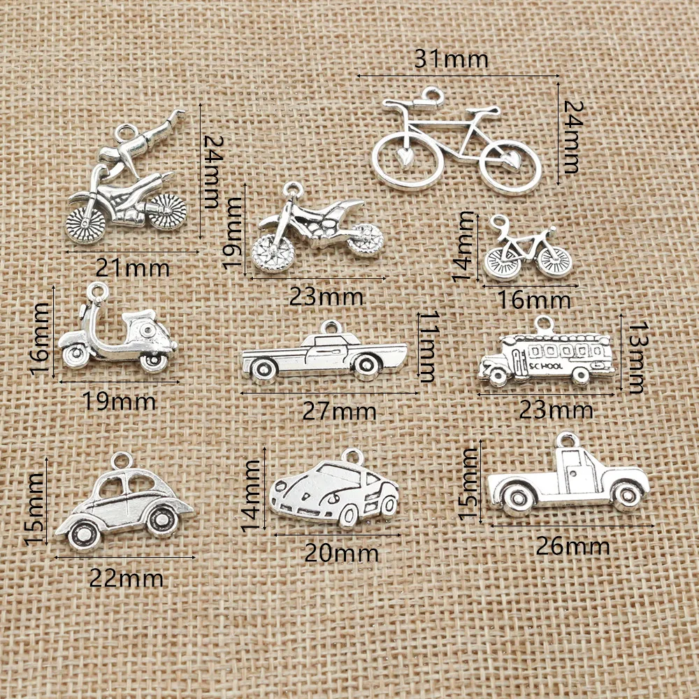 20pcs Antique Silver Plated Bike Car Motorcycle Truck Vehicle Charms Pendant Metal DIY Handmade Jewelry Findings Accessories