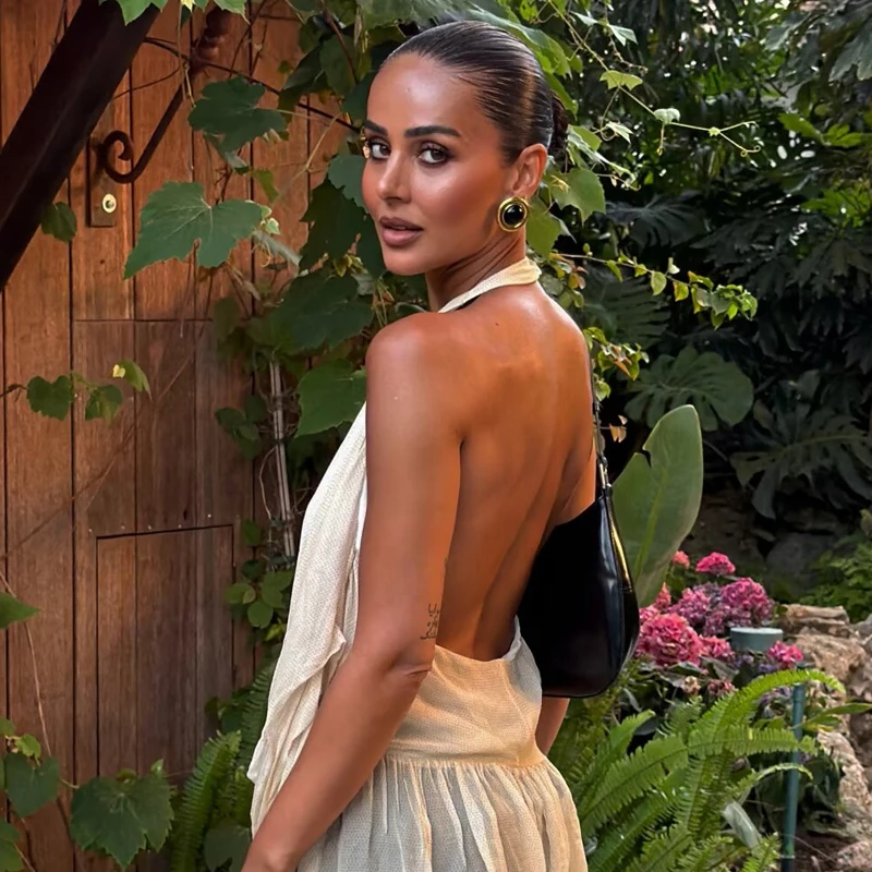 HXAO Asymmetrisches Rüschen-Neckholder-Top für Damen, Sommer 2026, sexy gepunktetes schulterfreies ärmelloses drapiertes rückenfreies Top, lässige Resort-Westen – Detail 11