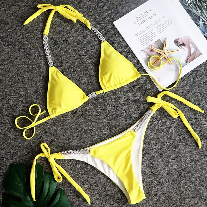 

Холтер со стразами и бриллиантами 2026, женский купальник, женский купальник, комплект бикини из двух частей, купальный костюм с высоким вырезом, купальный костюм