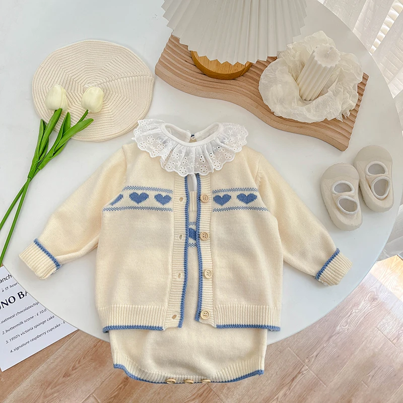 Spring And Autumn Newborn Baby Girls Baby Bodysuits Coat Romper Outfits Set Coat Long Sleeved Korean Fashion Soft Casual Knitted