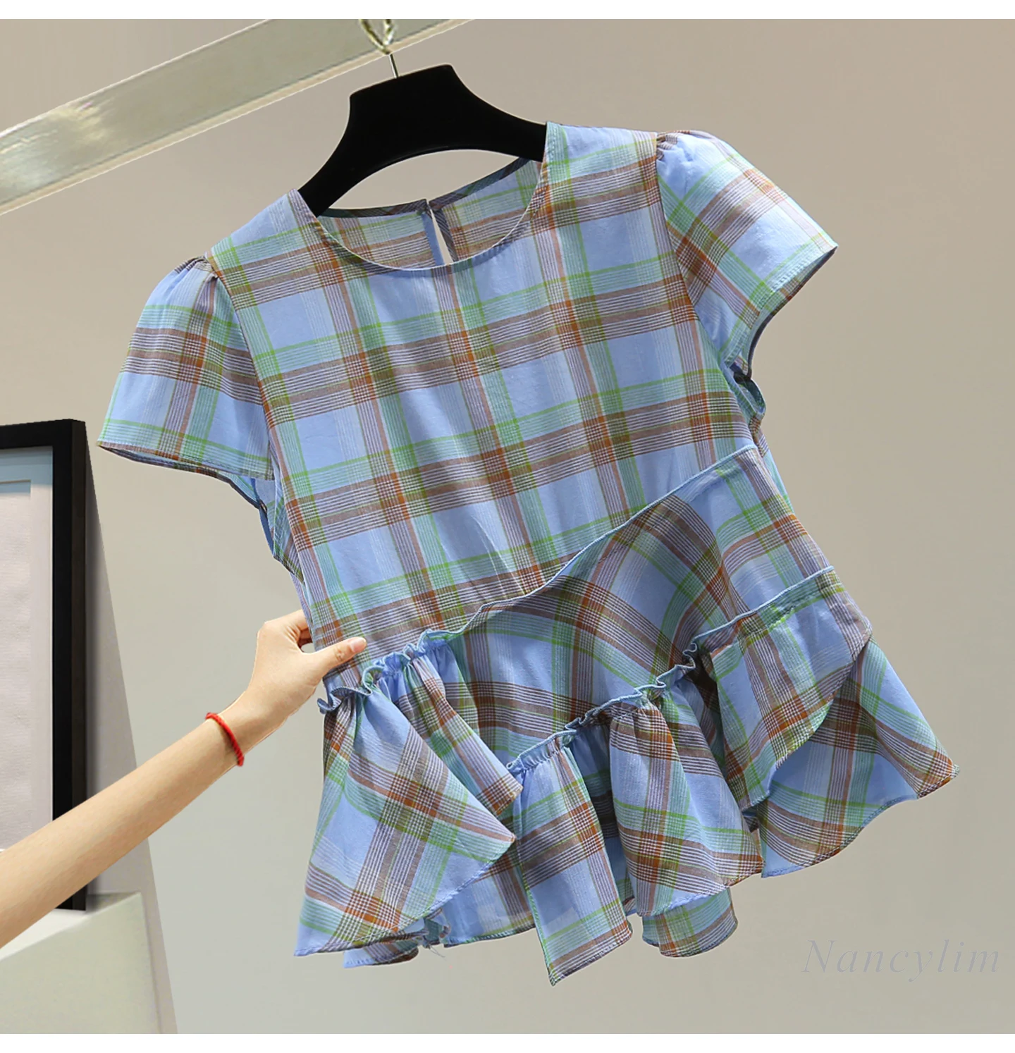 

Ruffle Edge Round Neck Short-sleeved Pullover Shirt Ladies,2025 Summer Women's Plaid Doll Shirt, Fashion Tops
