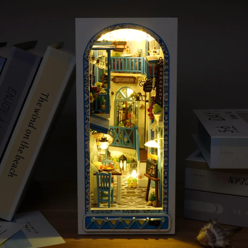 DIY Book Nook Insert Kits Wooden Miniature Building Kit Sea OCean Casa Bookend with LED Lights, Bookshelf Home Decorations Gifts