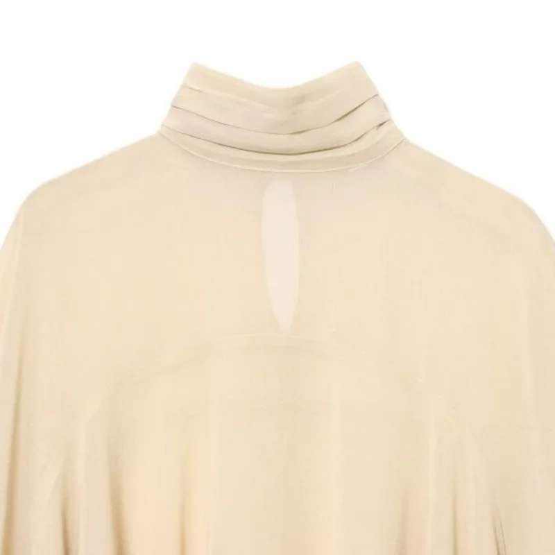 Pleated Elegant Flare Long Sleeves Shirt Turtleneck Fashion Office Lady Streetwear Summer Women Clothing Tops