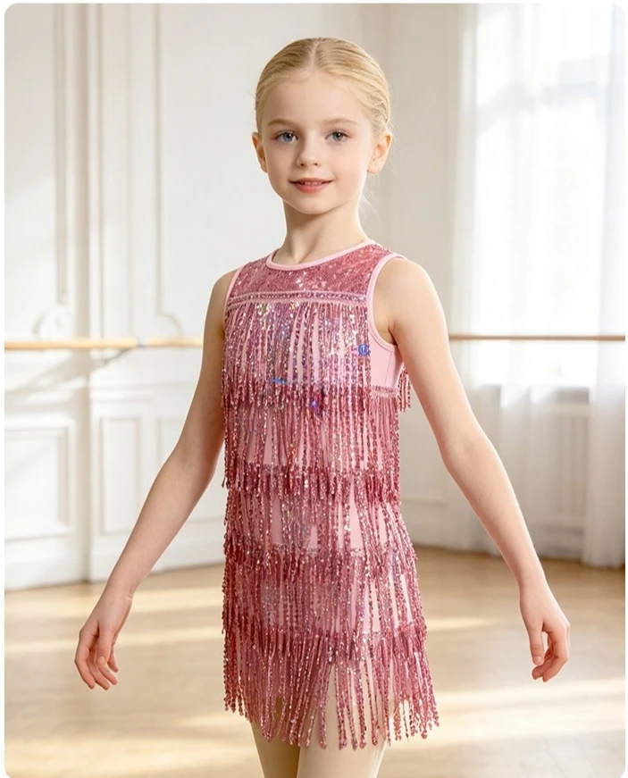 Lateinamerikanisches Tanzkostüm mit Glitzerpailletten und Fransen für Tango, ChaCha, Samba-Aufführungen und Kinder-Latein-Turniere – Detail 7