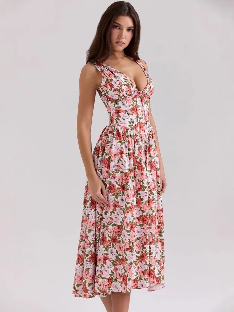 新しい夏の女性のプリントレースアップMIDIドレス、花柄ドレス、ノースリーブドレス、婦人服、休暇ドレス、エレガントドレス