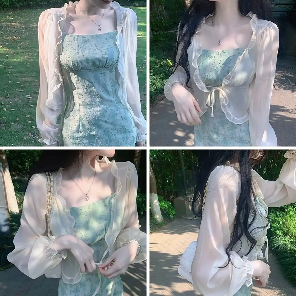 

Summer Long Sleeve Sunscreen Cardigan Breathable Thin Lace Bow Cardigan Korean Y2K Sun Protection Coat for Women