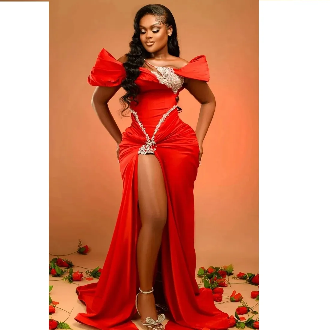 

Shining Red Dresses Sexy High Split Mermaid Evening Gowns Plus Size Women Formal Party Dress